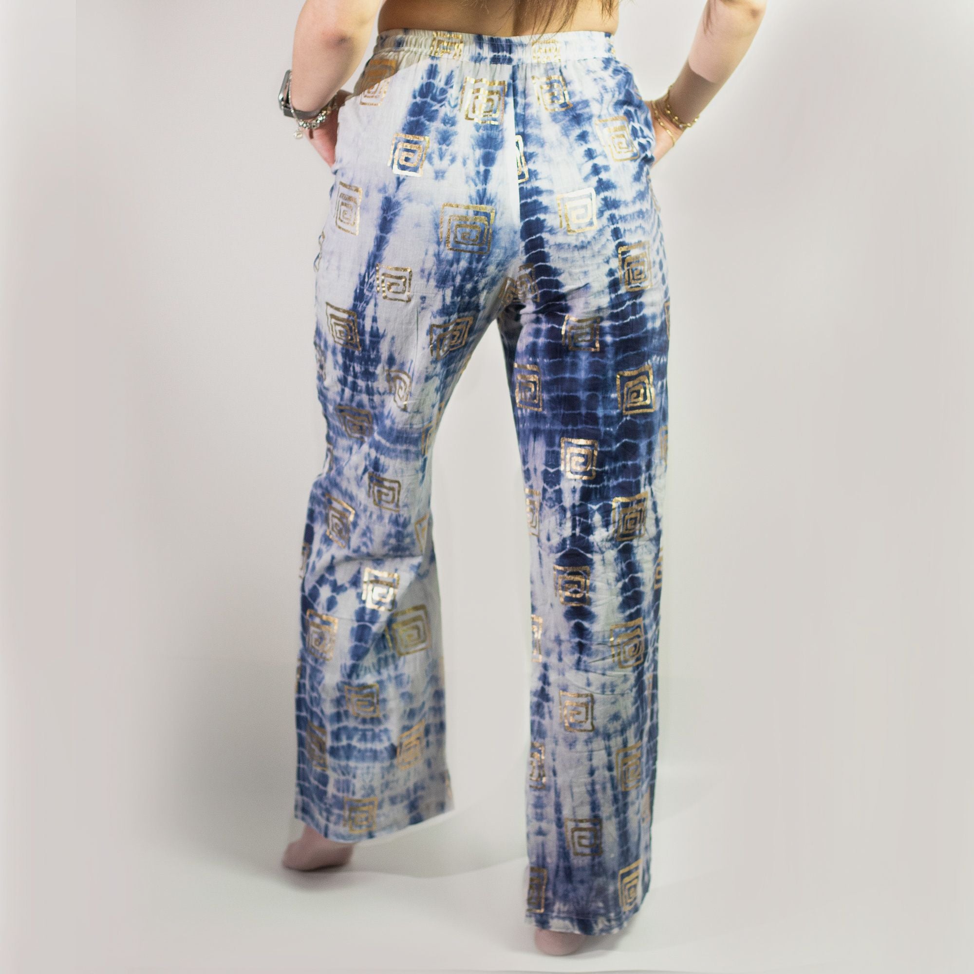 Nomad Sari Lounge Pants (M/L) – Blue Tie-Dye with Gold Greek Motif