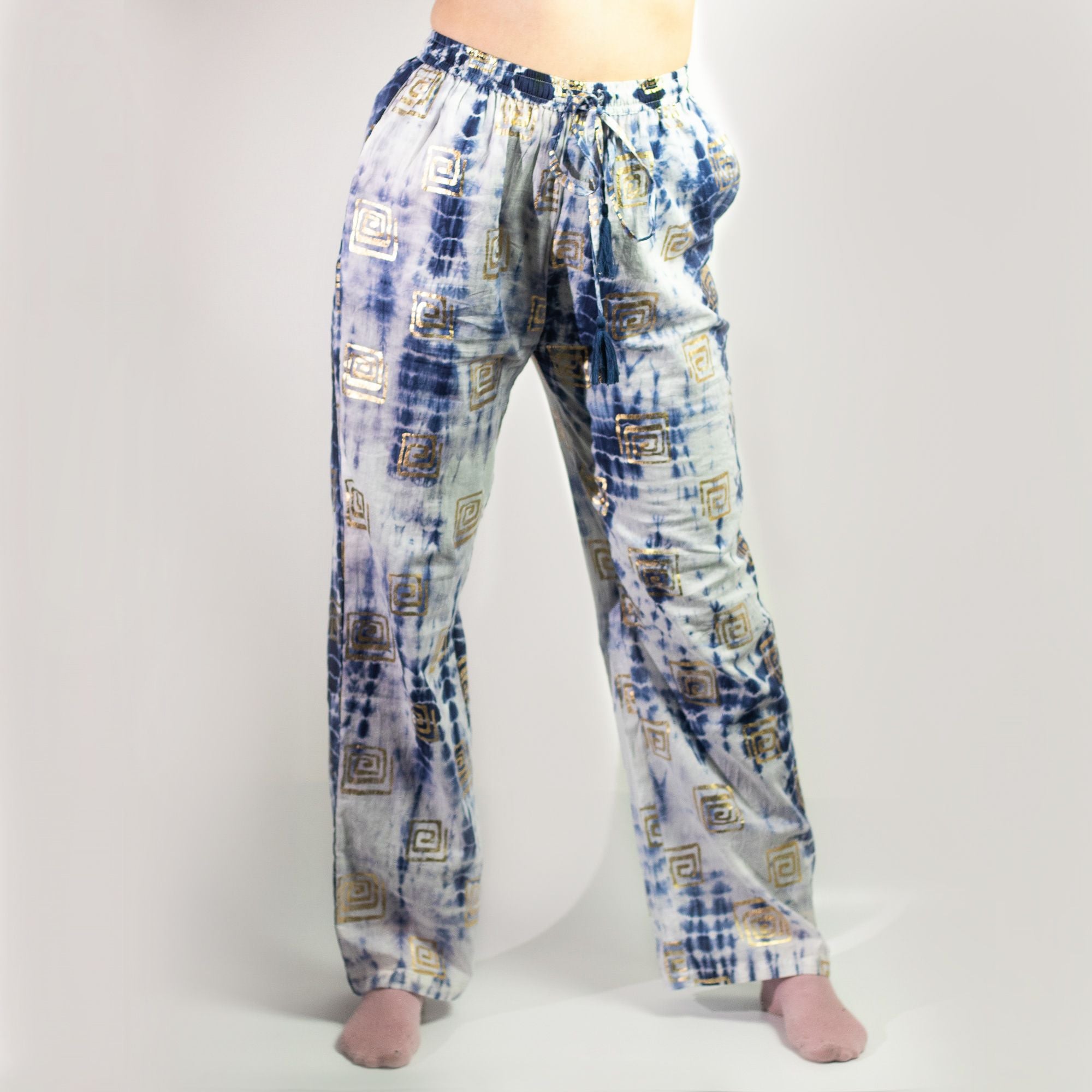Nomad Sari Lounge Pants (M/L) – Blue Tie-Dye with Gold Greek Motif