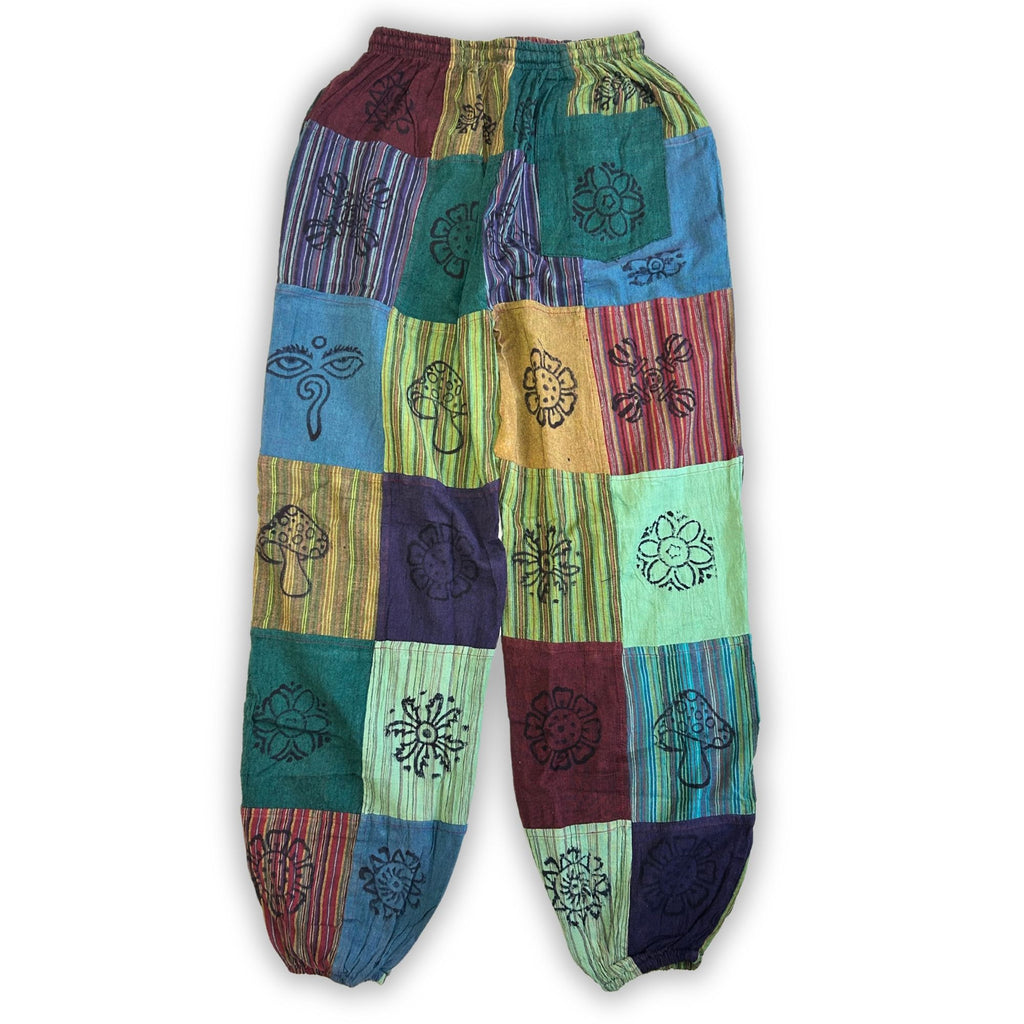 Nomad Sari - Mushroom Pants - Block Print Designs -Green Tones S/M