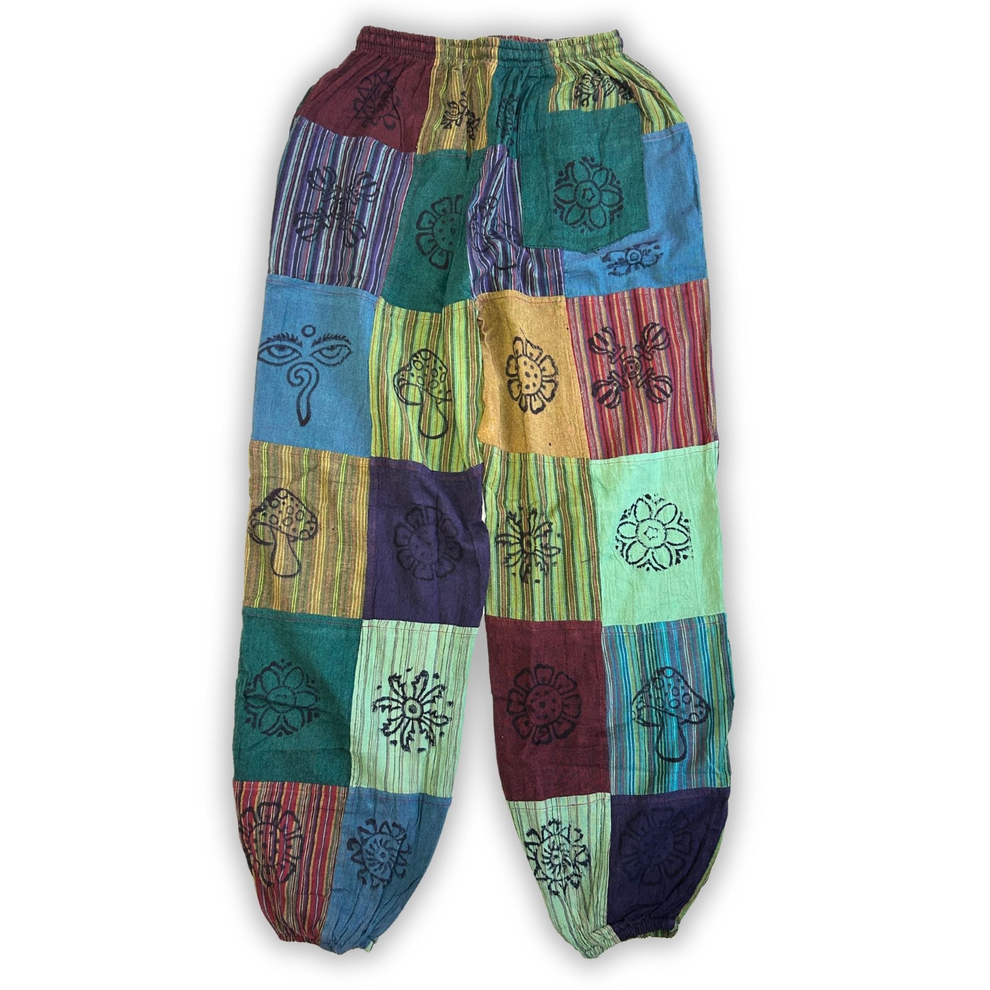 Nomad Sari - Mushroom Pants - Block Print Designs -Green Tones S/M