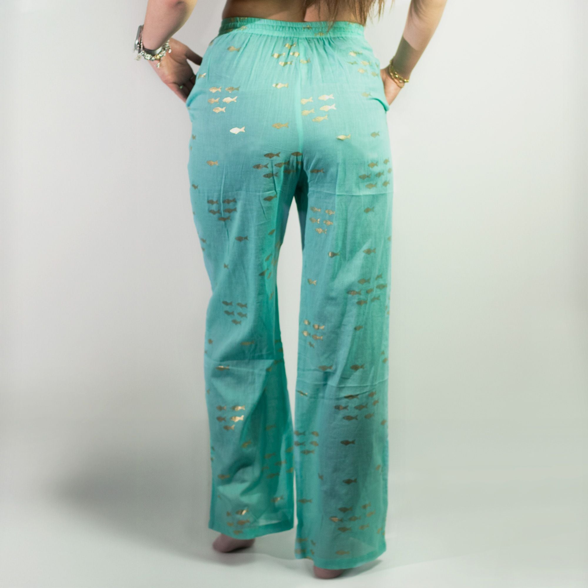 Nomad Sari Lounge Pants (M/L) – Turquoise with Hand-Painted Gold Fish Design