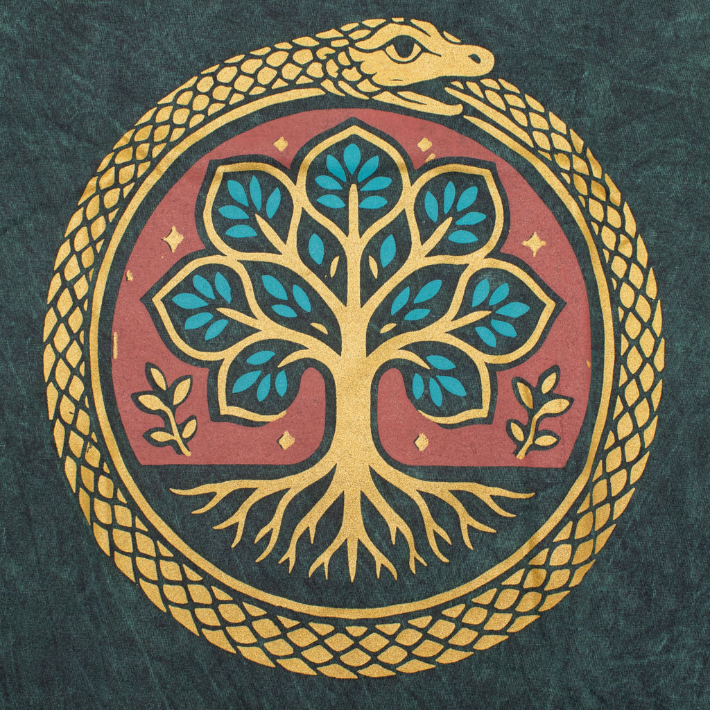 Nomad Sari Stonewashed Cotton T-Shirt - Tree of Life - Green - Large