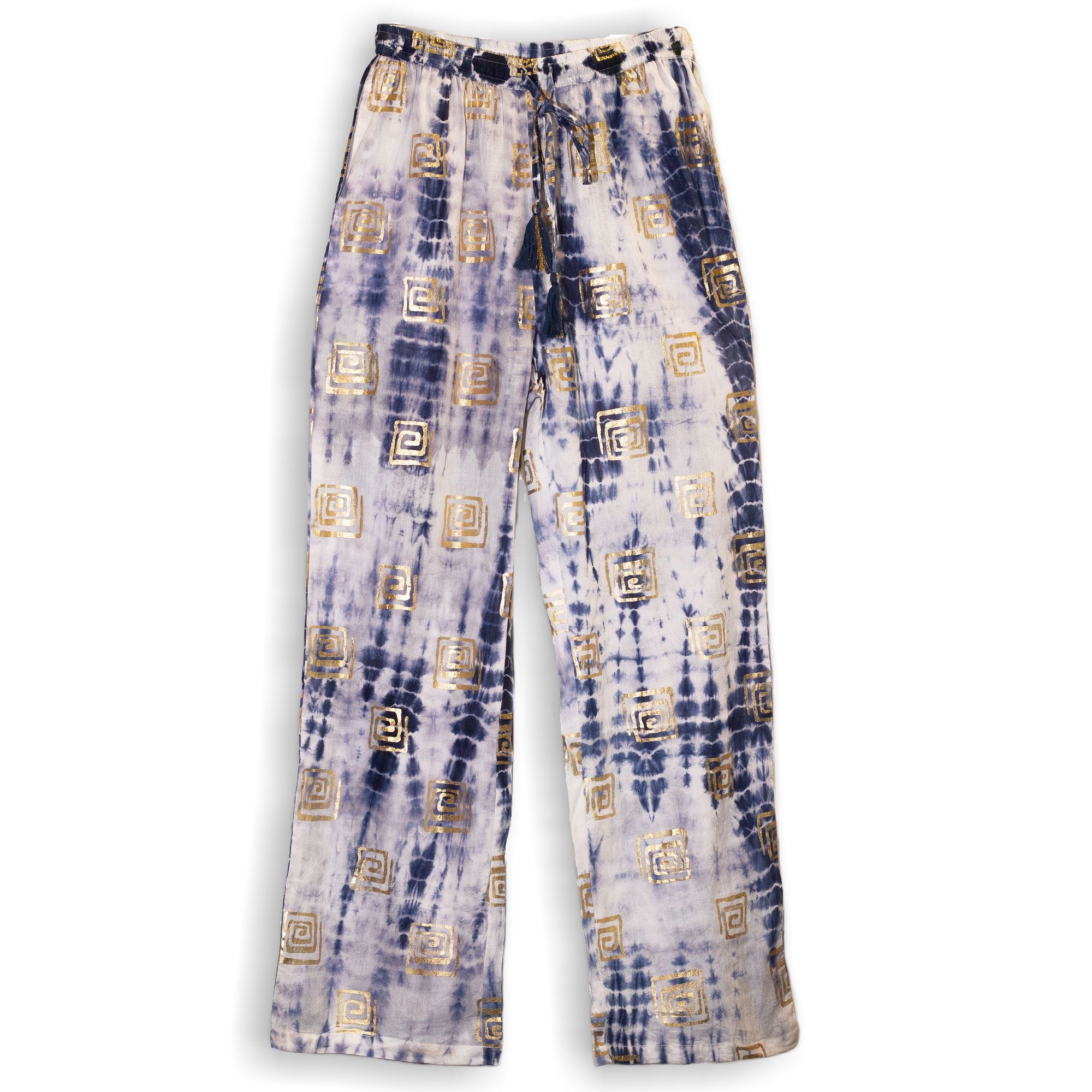Nomad Sari Lounge Pants (M/L) – Blue Tie-Dye with Gold Greek Motif