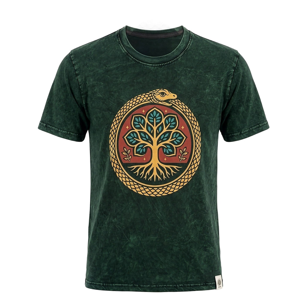 Nomad Sari Stonewashed Cotton T-Shirt - Tree of Life - Green - Small