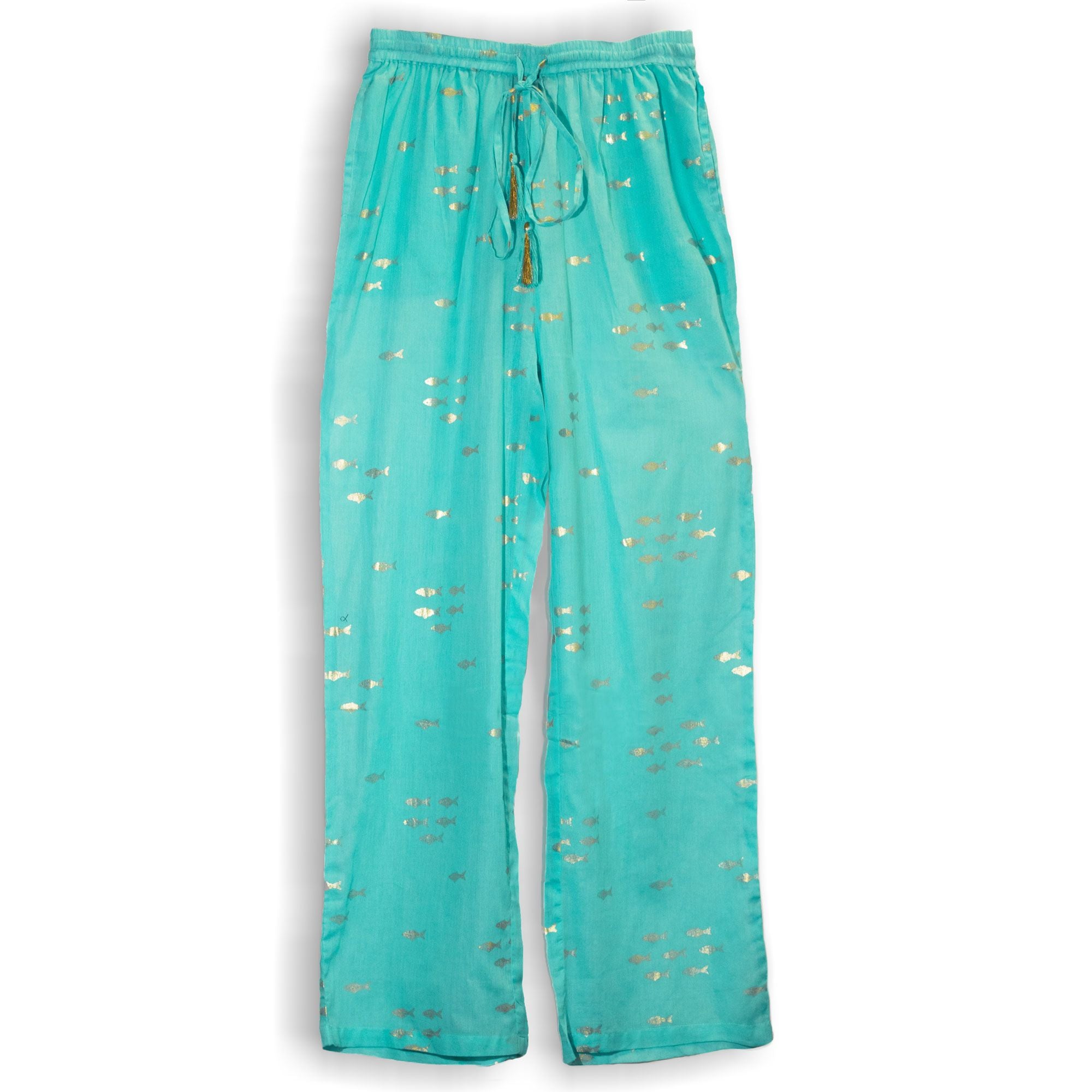 Nomad Sari Lounge Pants (M/L) – Turquoise with Hand-Painted Gold Fish Design
