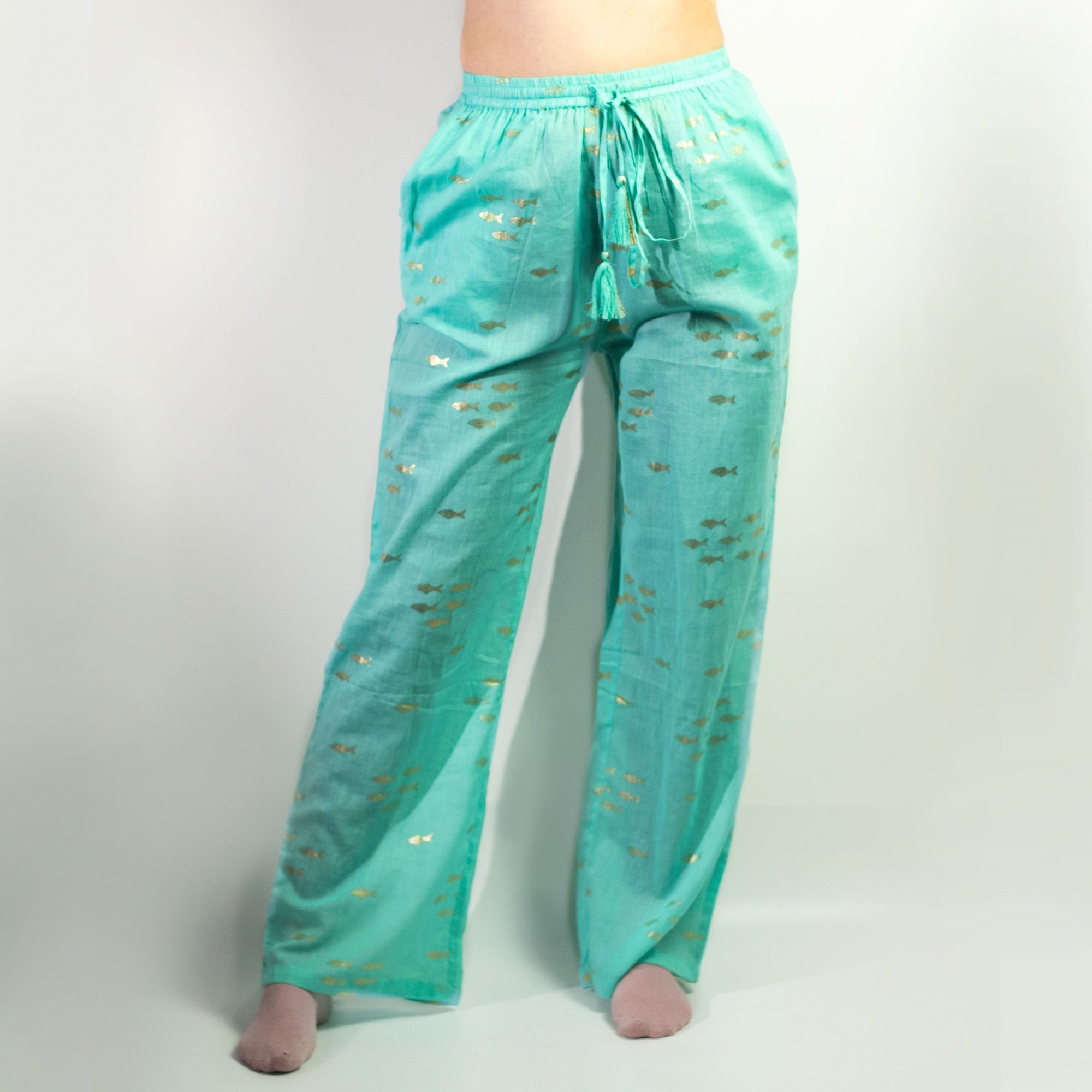 Nomad Sari Lounge Pants (M/L) – Turquoise with Hand-Painted Gold Fish Design