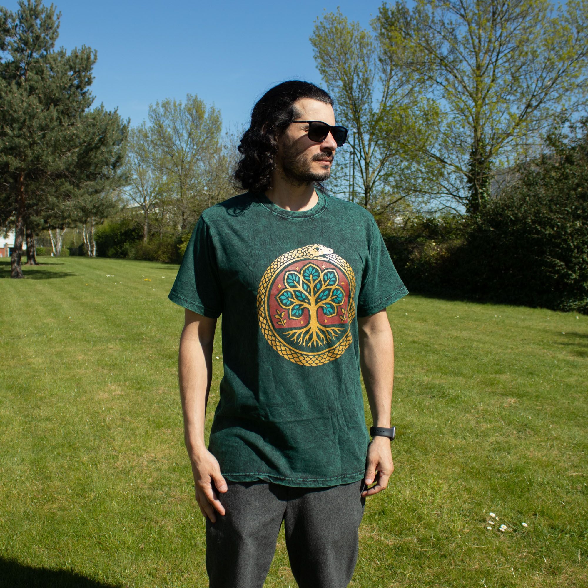 Nomad Sari Stonewashed Cotton T-Shirt - Tree of Life - Green - Medium